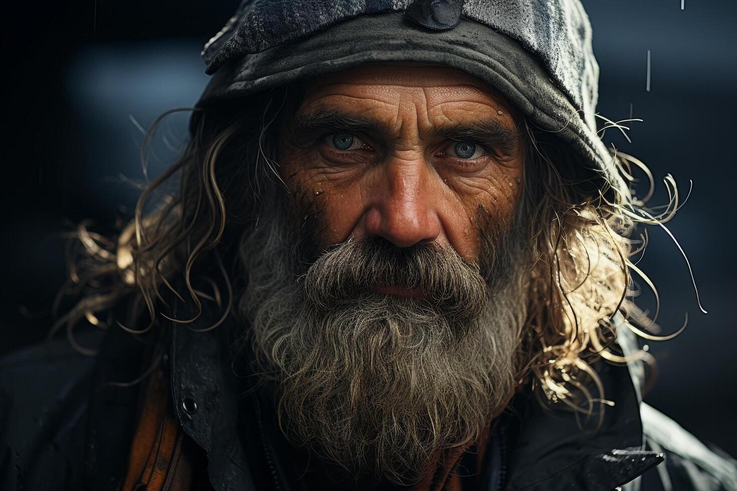 Weathered face of an elderly man with a long beard photo