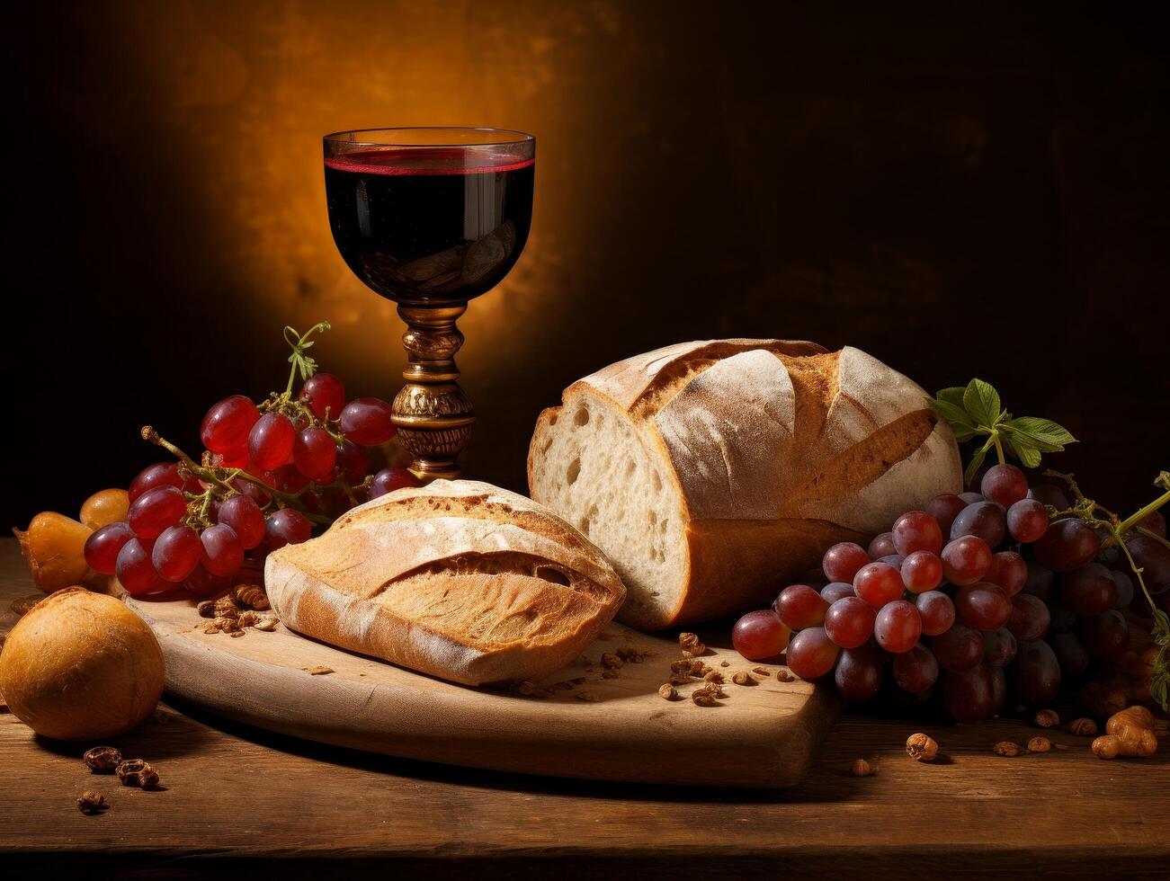 still life with bread, wine, and grapes photo