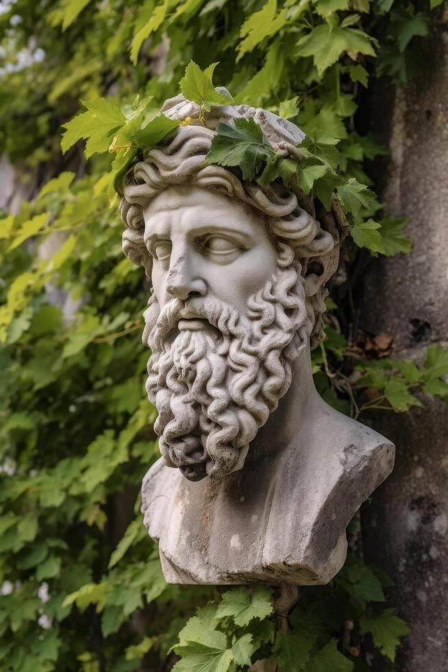 Weathered stone bust of a bearded man with leaves photo