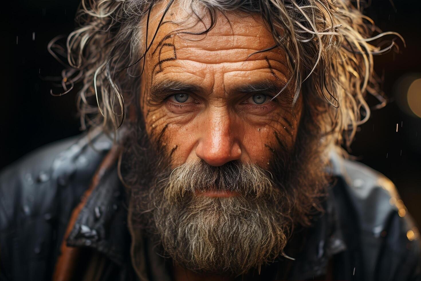 Weathered face of an elderly man with a long beard photo