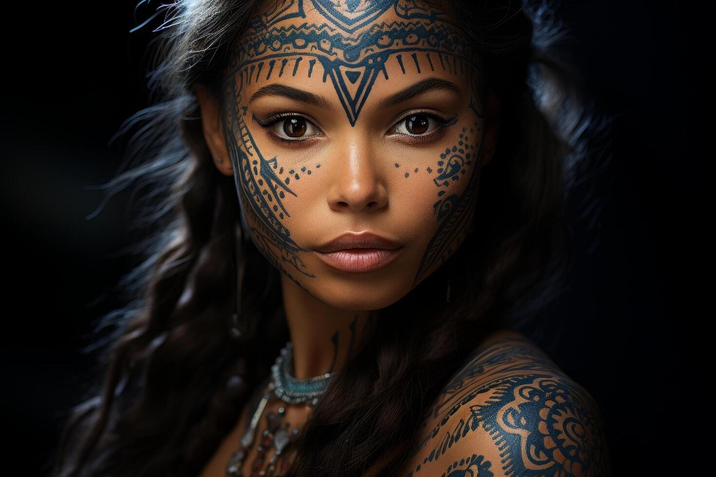 Mysterious tribal warrior woman with intricate face and body paint photo