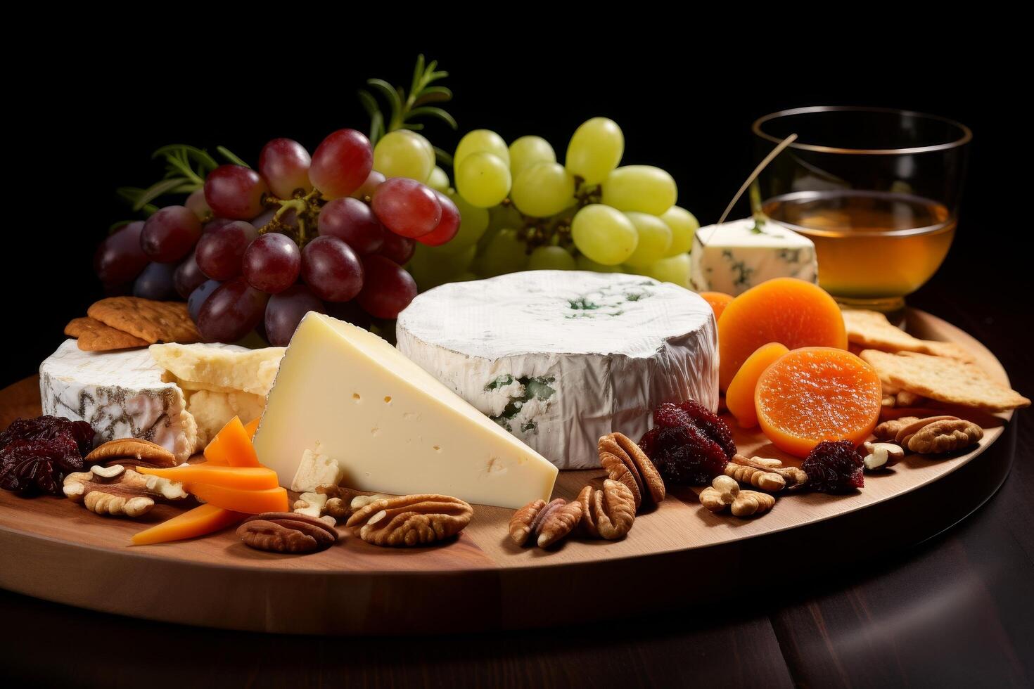 Assortment of gourmet cheese, grapes, nuts, and dried fruits on a wooden board photo