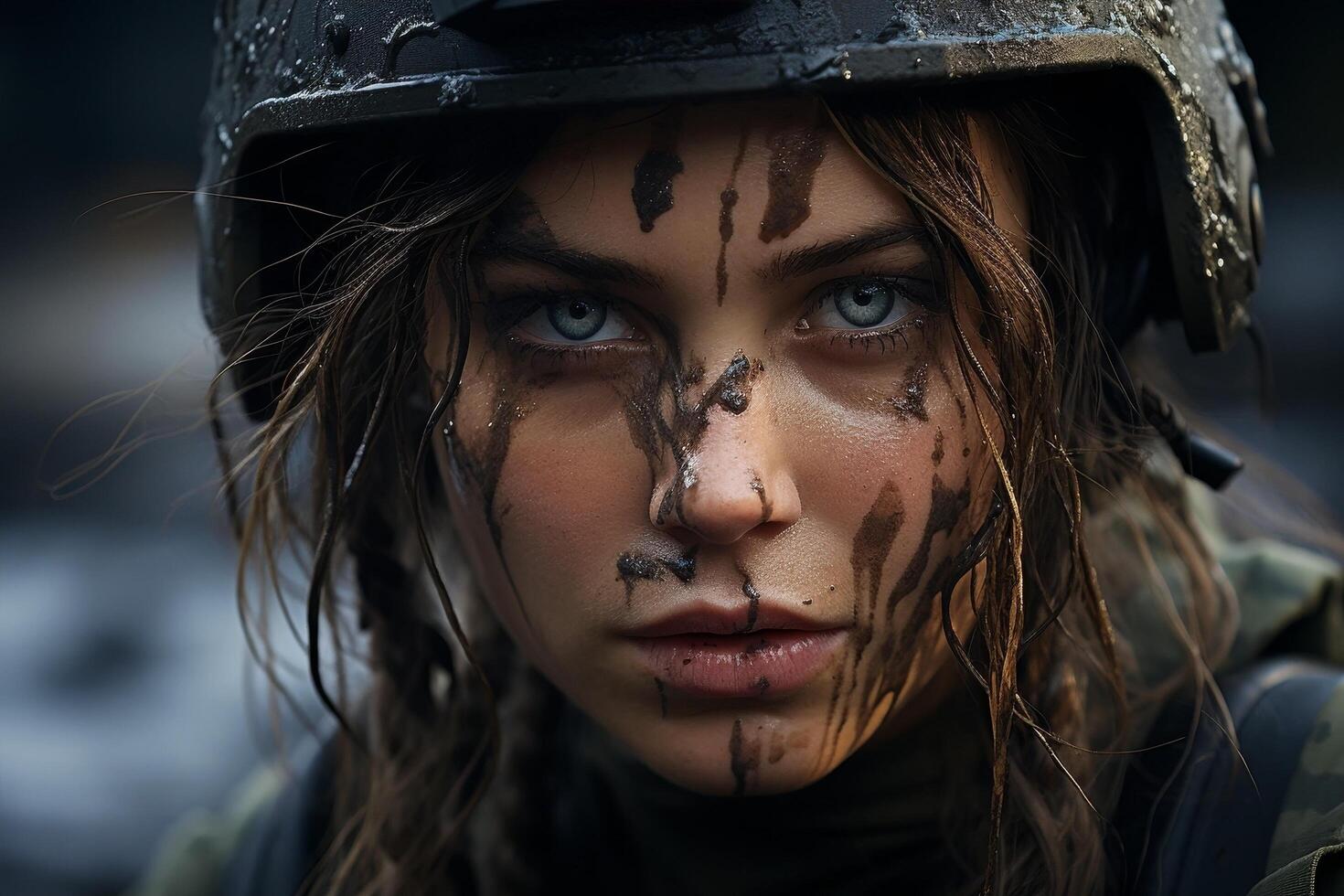 Intense gaze of a young woman in military uniform photo