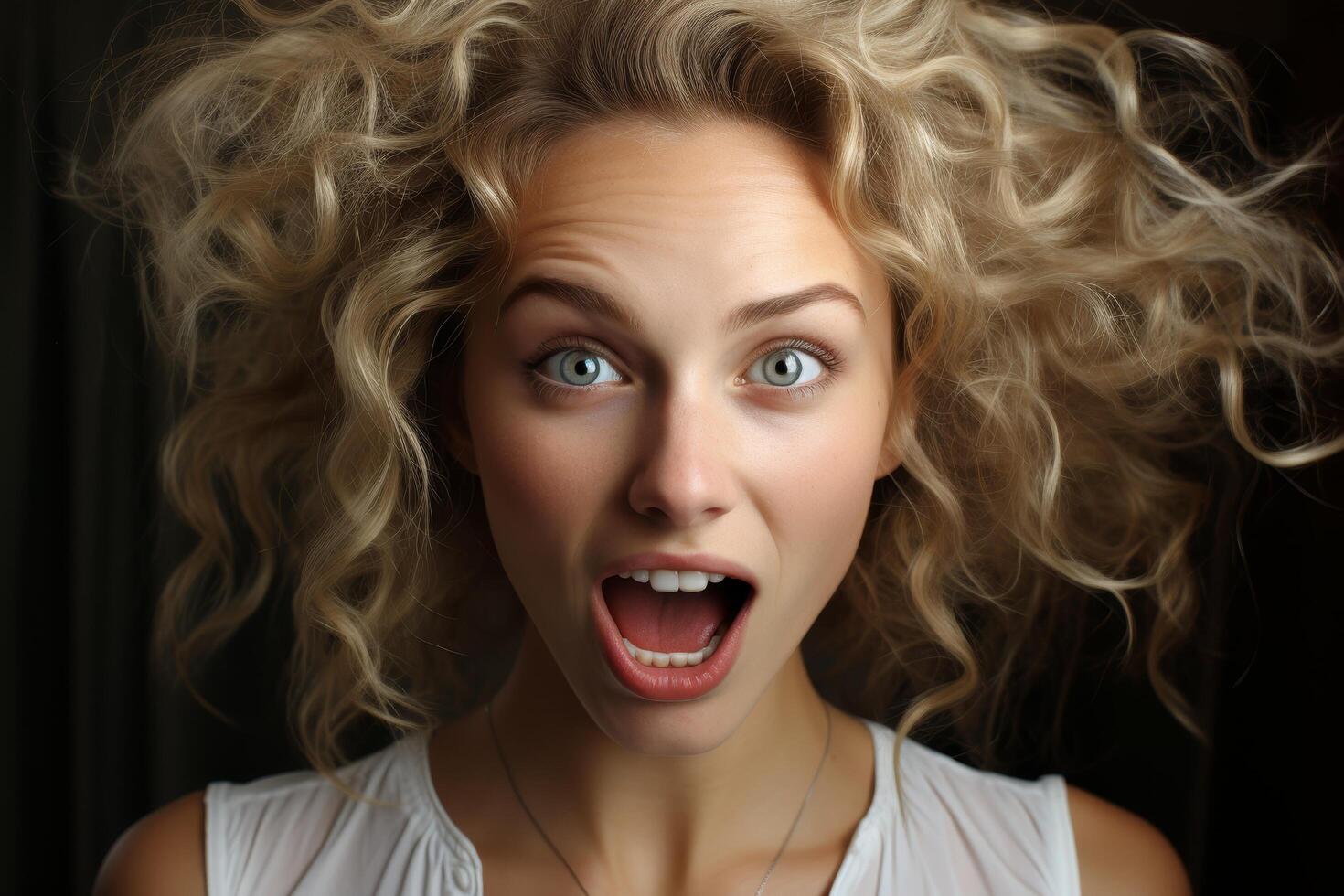 Surprised woman with curly blonde hair photo
