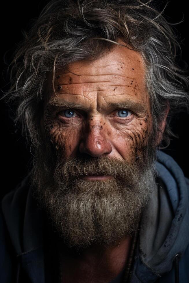 Weathered face of an older man with a long beard photo