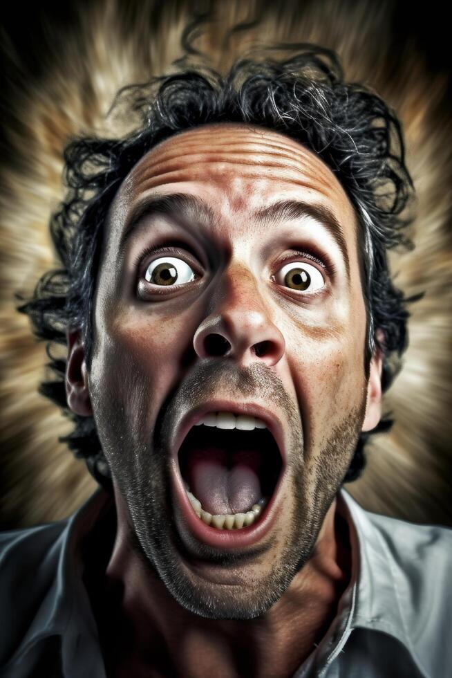 Shocked man with wide eyes and open mouth photo
