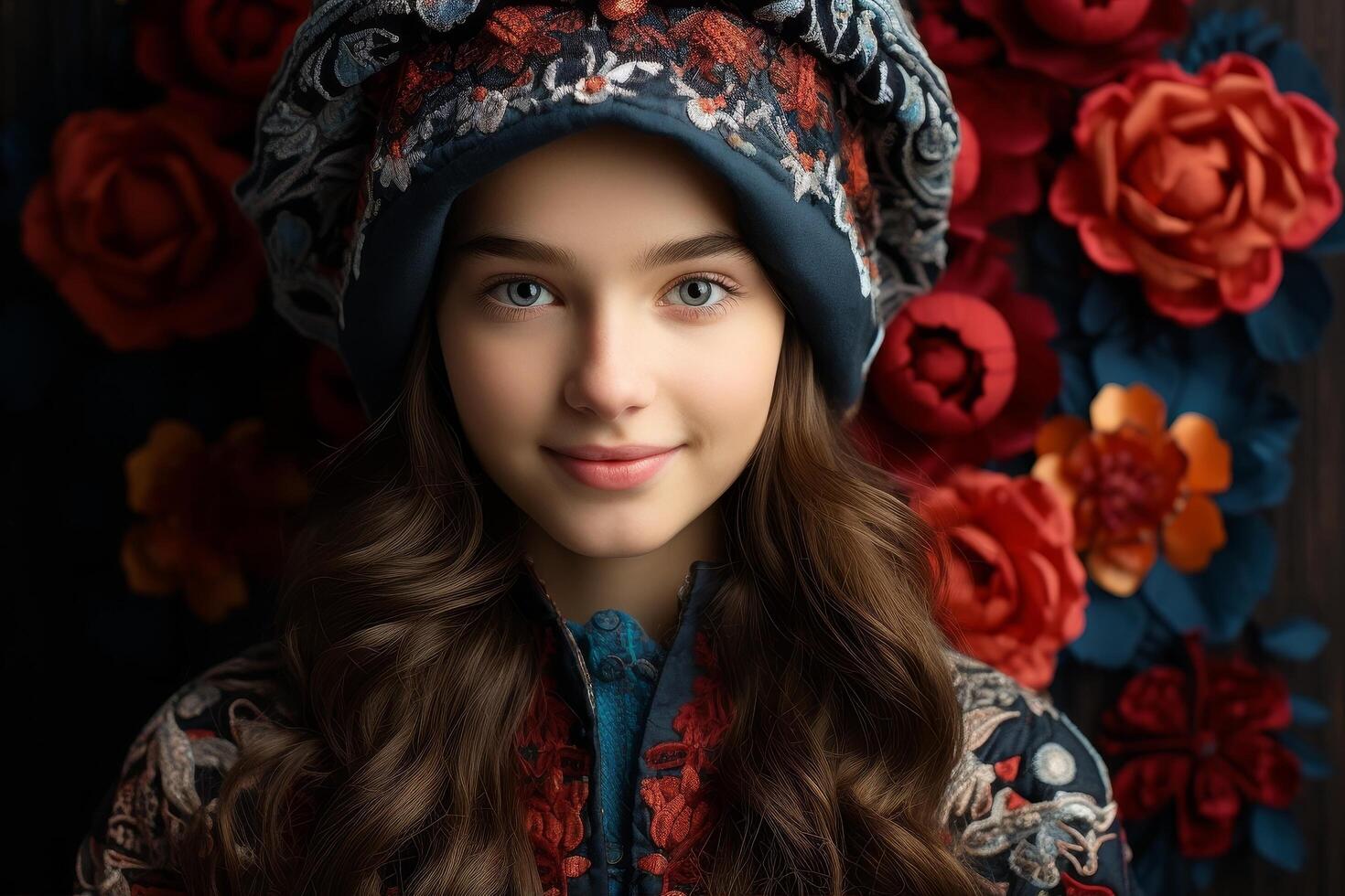 young woman in floral headpiece smiling photo