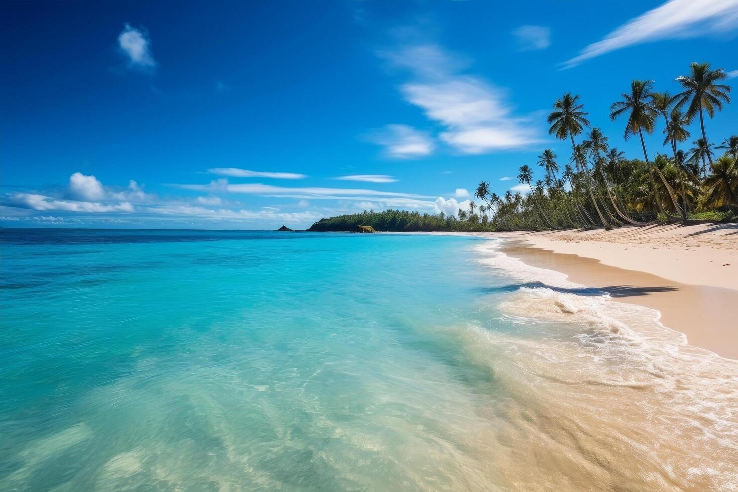 Tropical beach paradise with crystal clear waters and palm trees photo