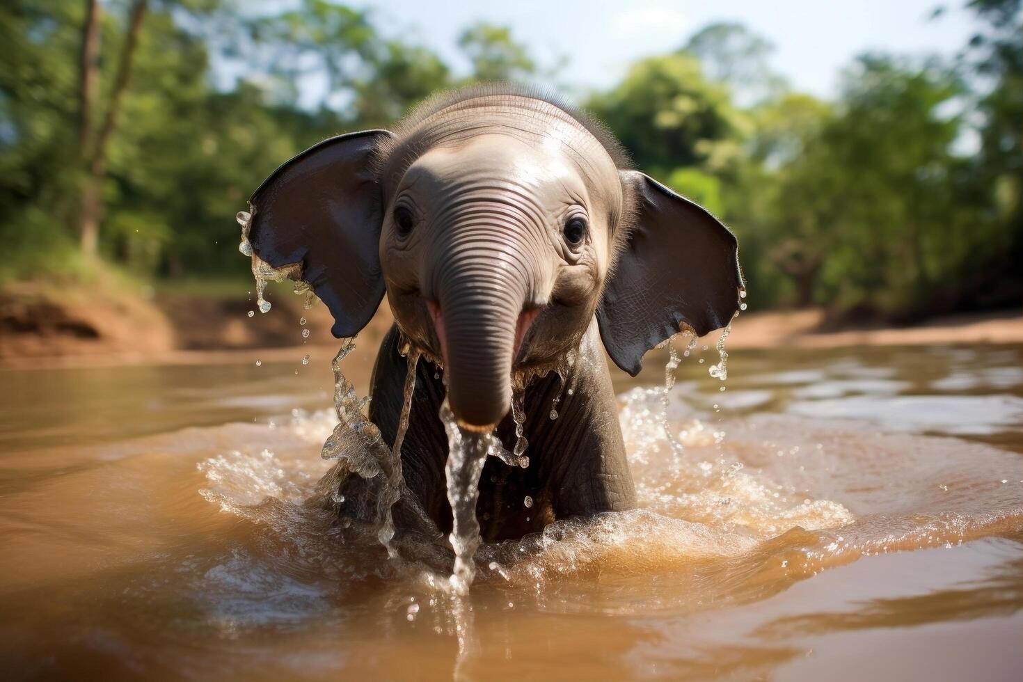 Playful elephant splashing in river photo