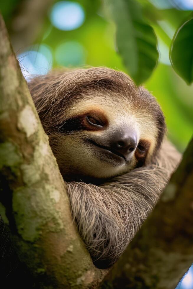 Sleepy sloth resting in tree photo