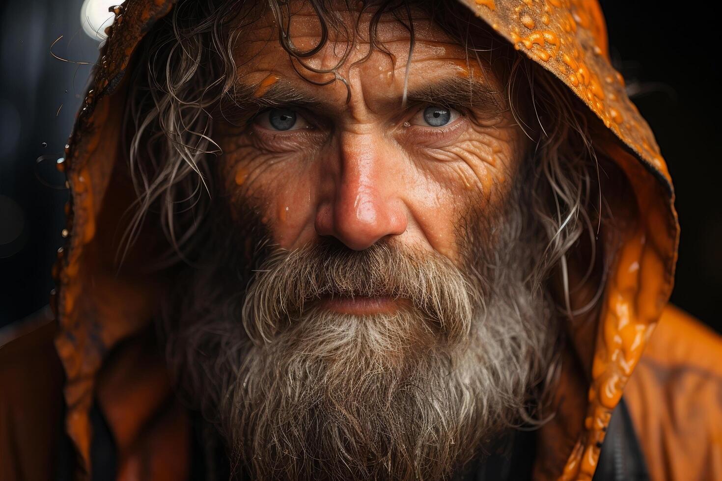 Rugged bearded man in orange hood photo
