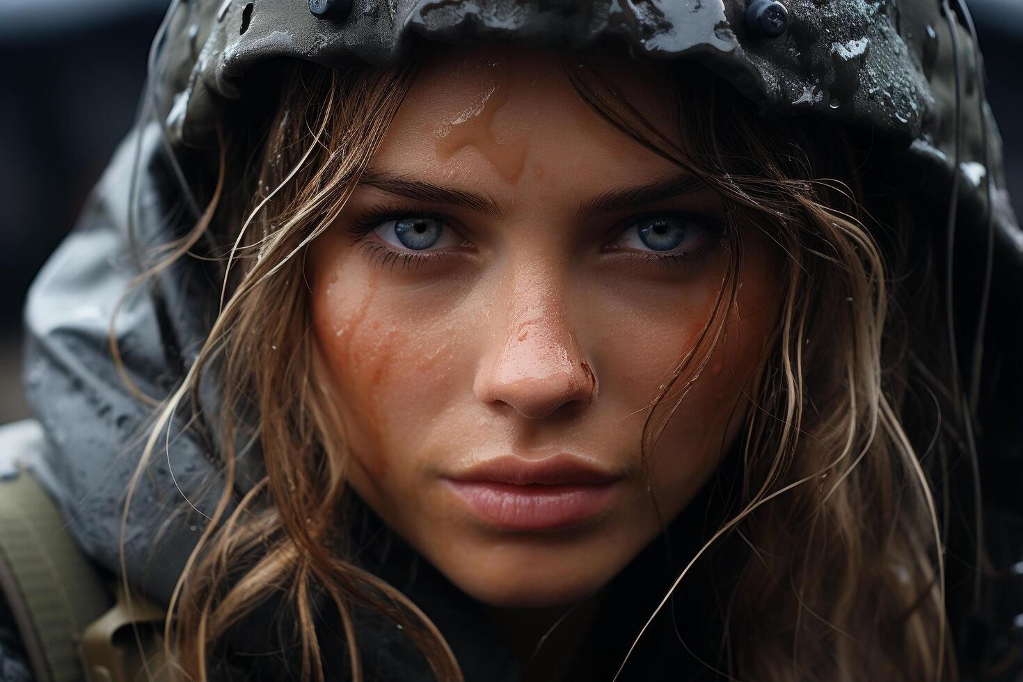 Intense gaze of a young woman in the rain photo