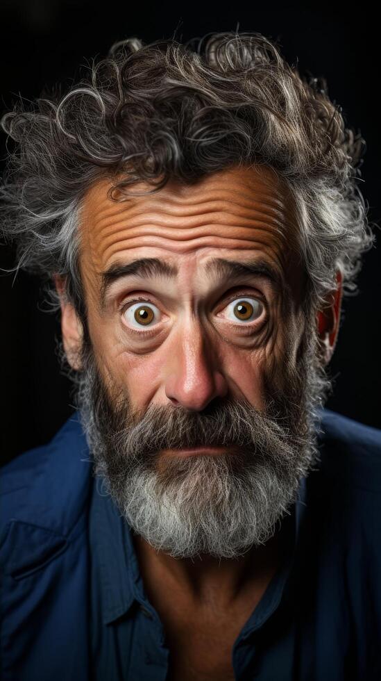 Intense Facial Expression of Older Man with Curly Hair and Beard photo