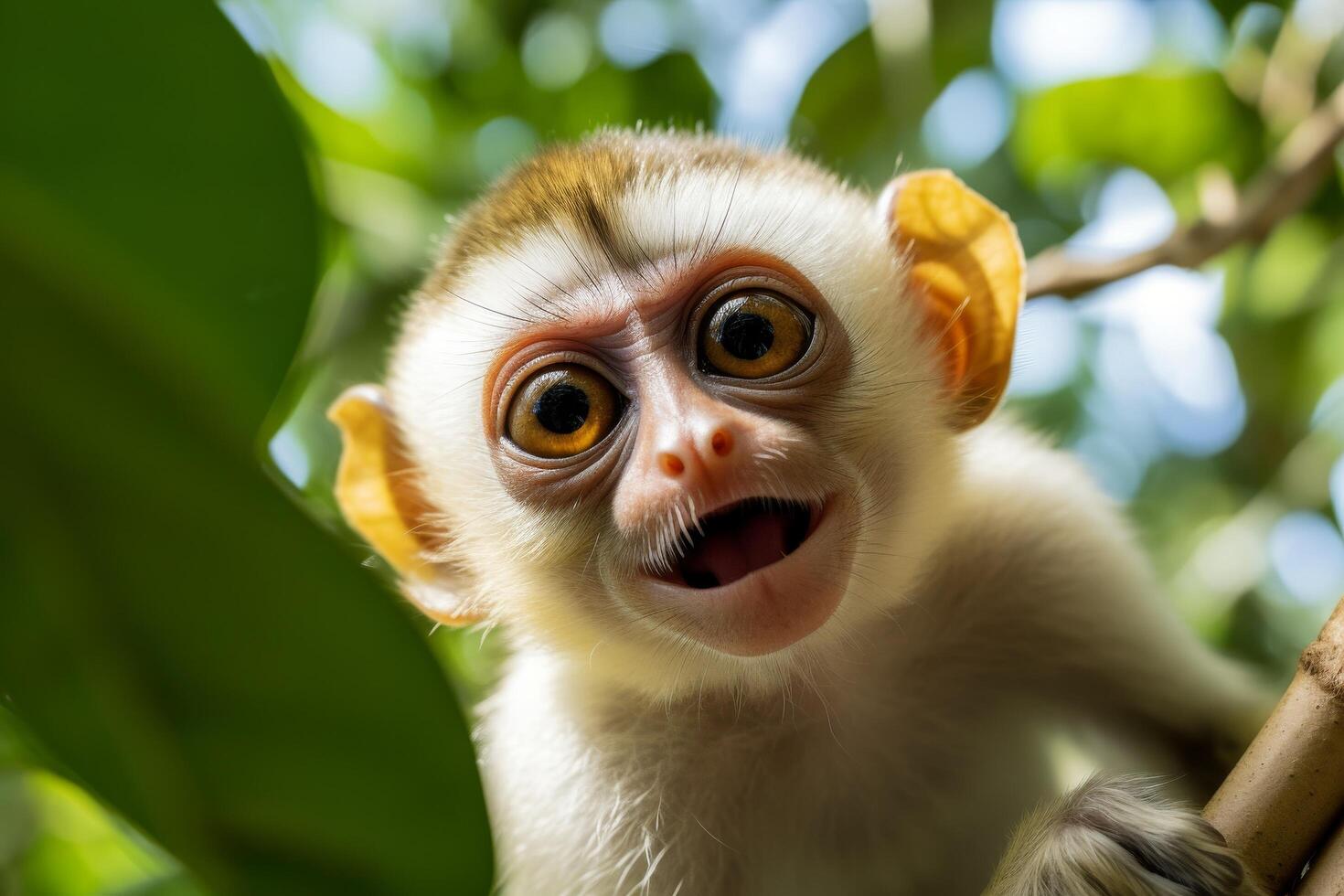 Cute baby monkey with big eyes and open mouth photo