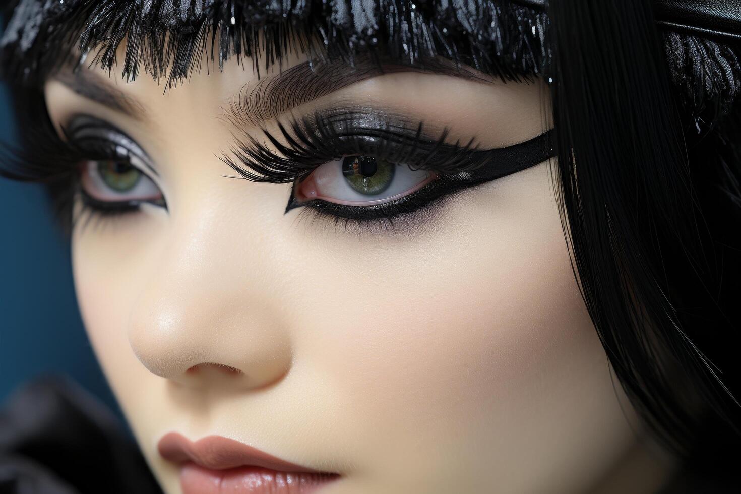 close up of a womans face with dramatic eye makeup photo