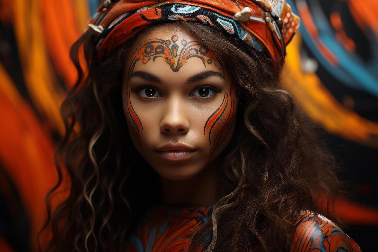 Vibrant portrait of a woman with intricate face paint photo