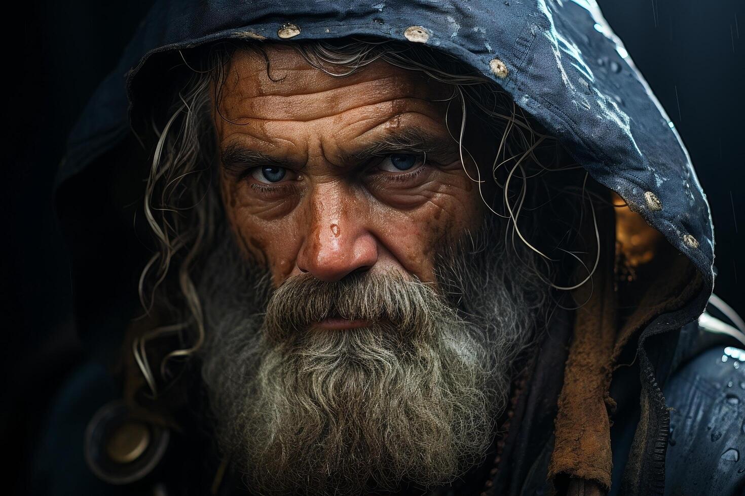 Weathered face of a rugged man in a dark hood photo