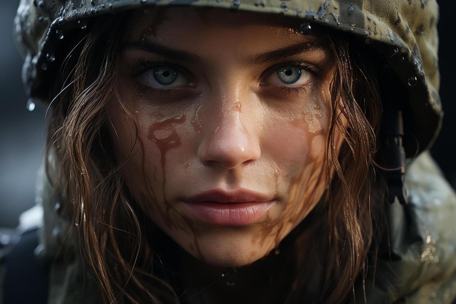 Intense gaze of a young woman in military uniform photo