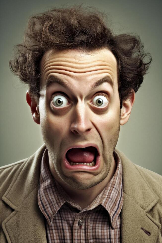 Surprised man with exaggerated facial expression photo