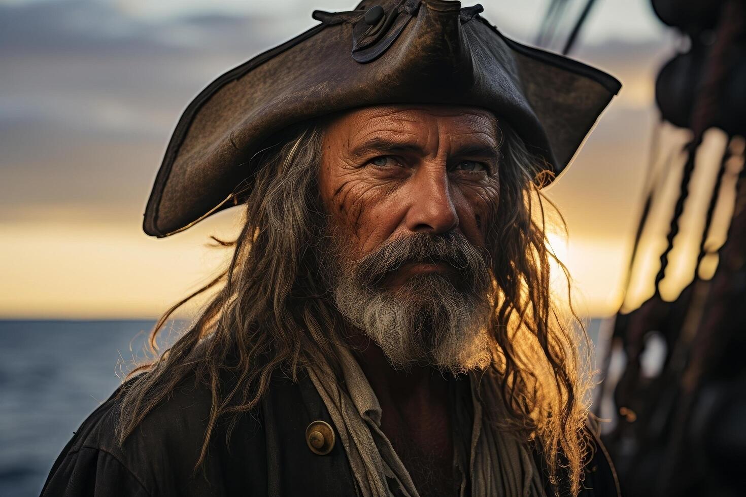 weathered old man with long beard and hat at sunset photo