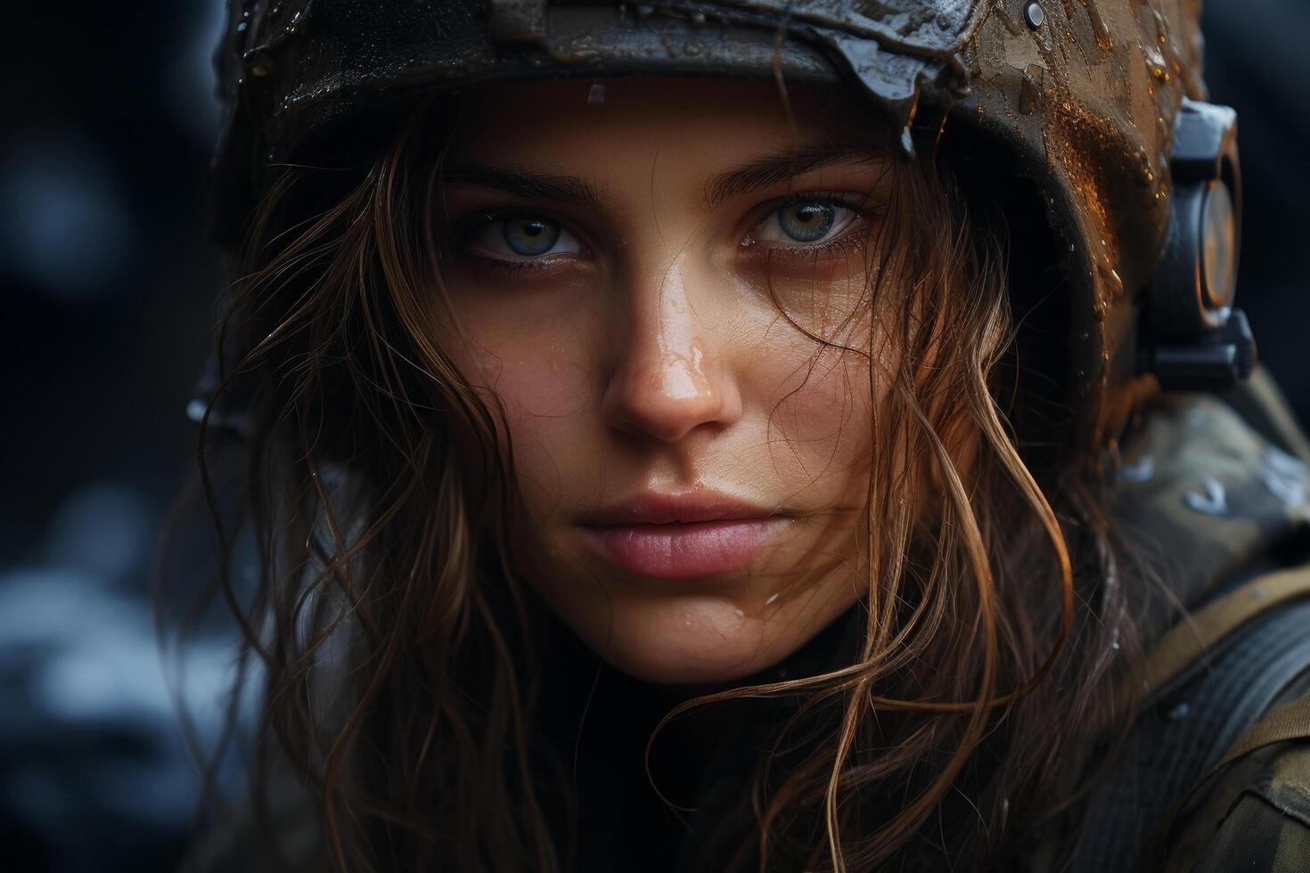 Intense gaze of a determined female soldier photo