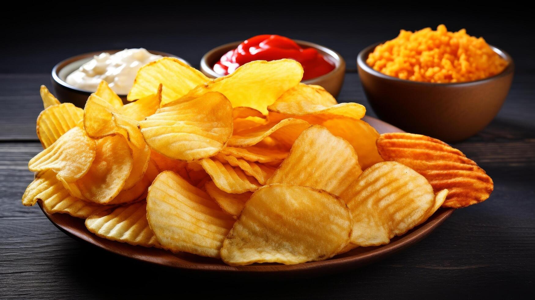 Delicious potato chips and dips on a wooden table photo
