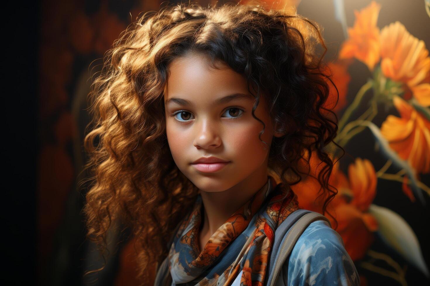 Curly haired girl with thoughtful expression photo
