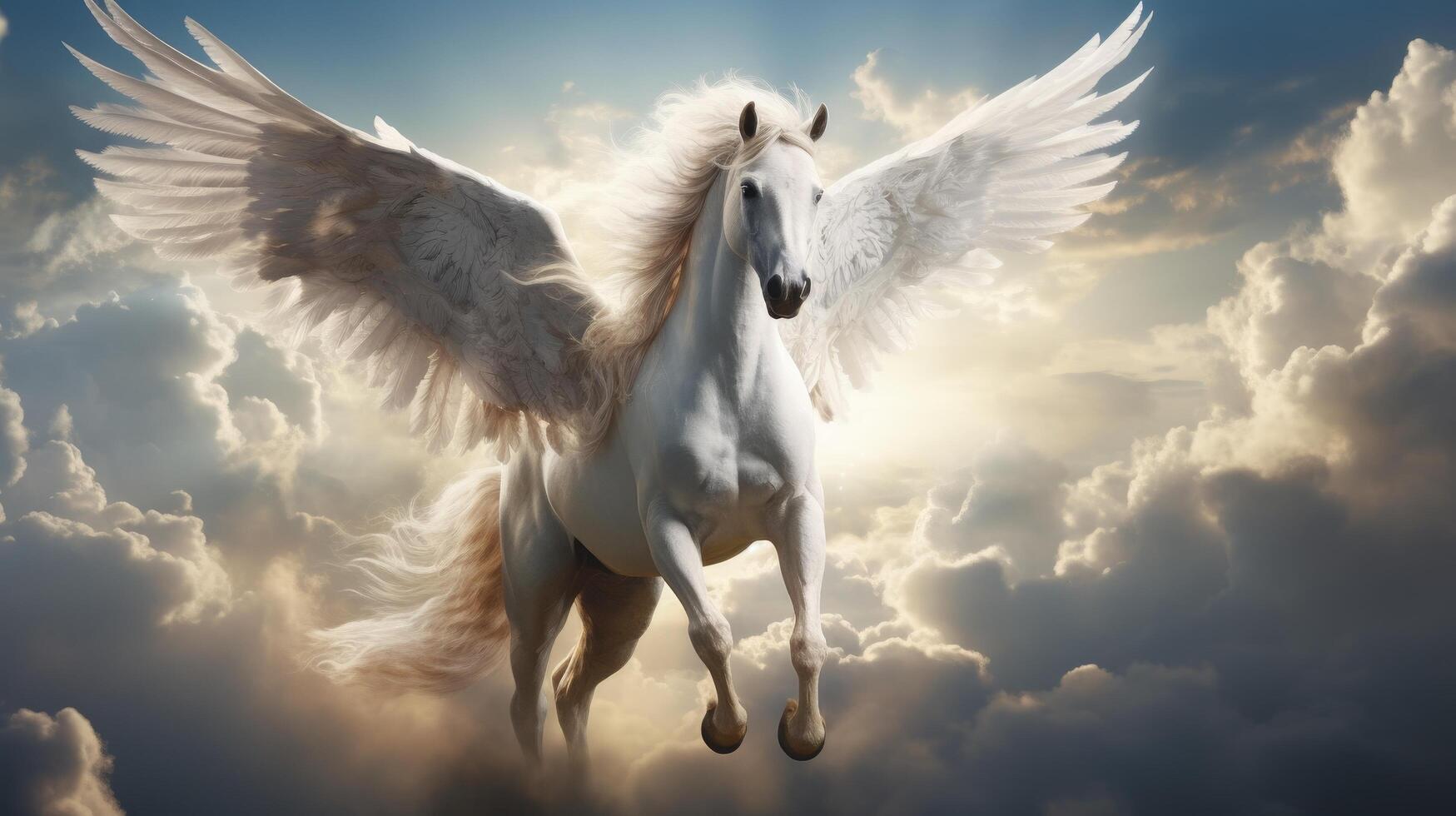 Majestic winged horse soaring through cloudy sky photo