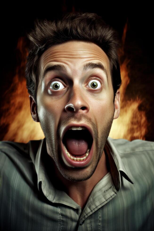 Shocked man with wide eyes and open mouth photo