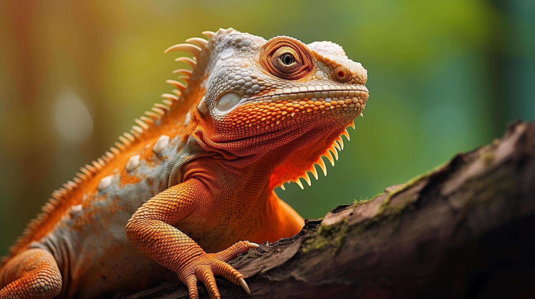 Close up of a vibrant orange iguana on a tree branch photo