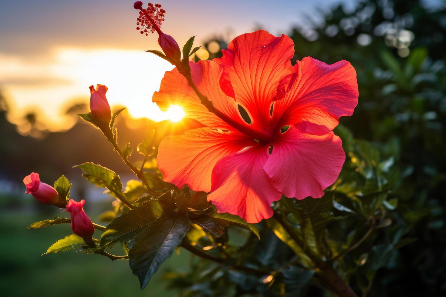 Vibrant hibiscus flower blooming in the sunset photo