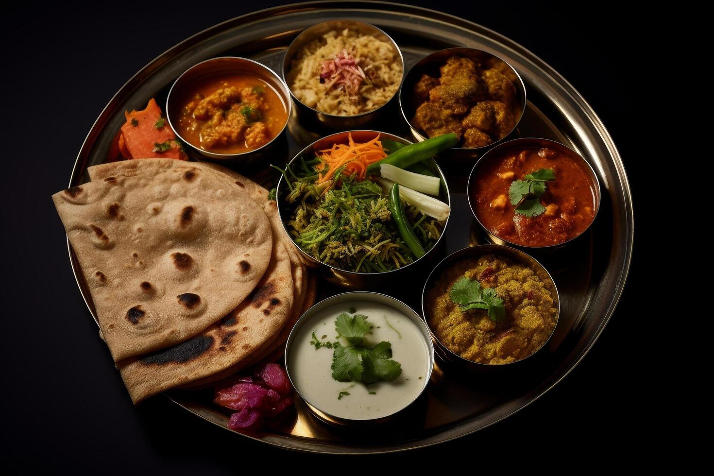 Assortment of traditional indian dishes on a thali platter photo