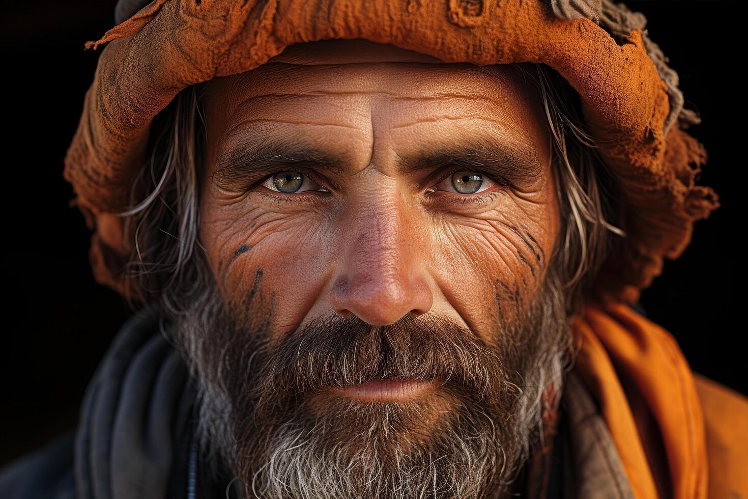 Weathered face of an elderly man with a long beard photo