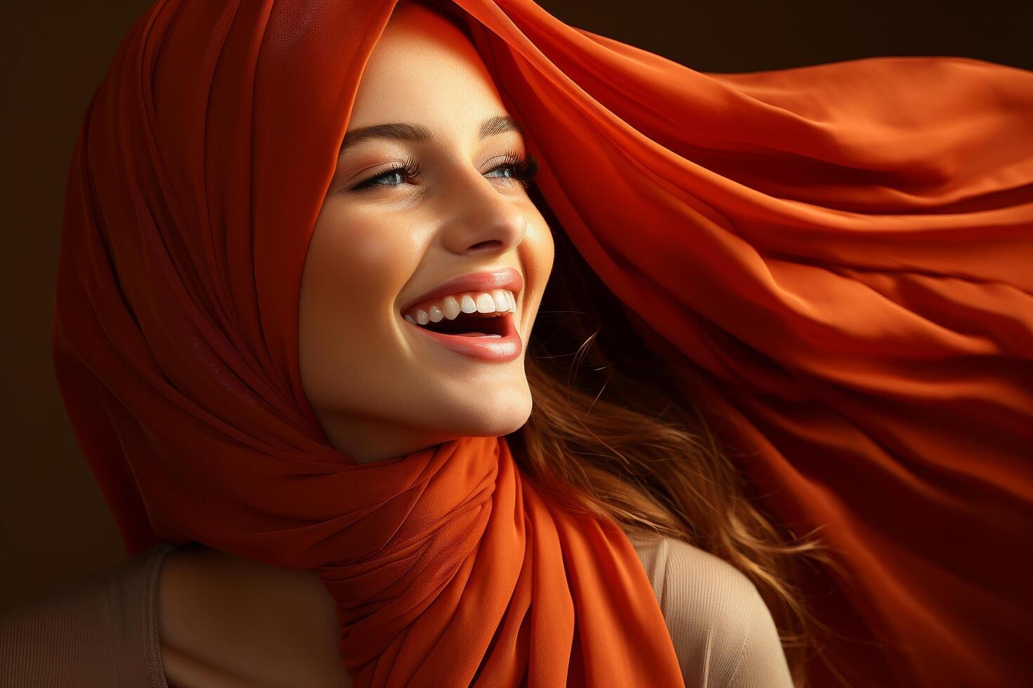 Joyful woman in red hijab photo