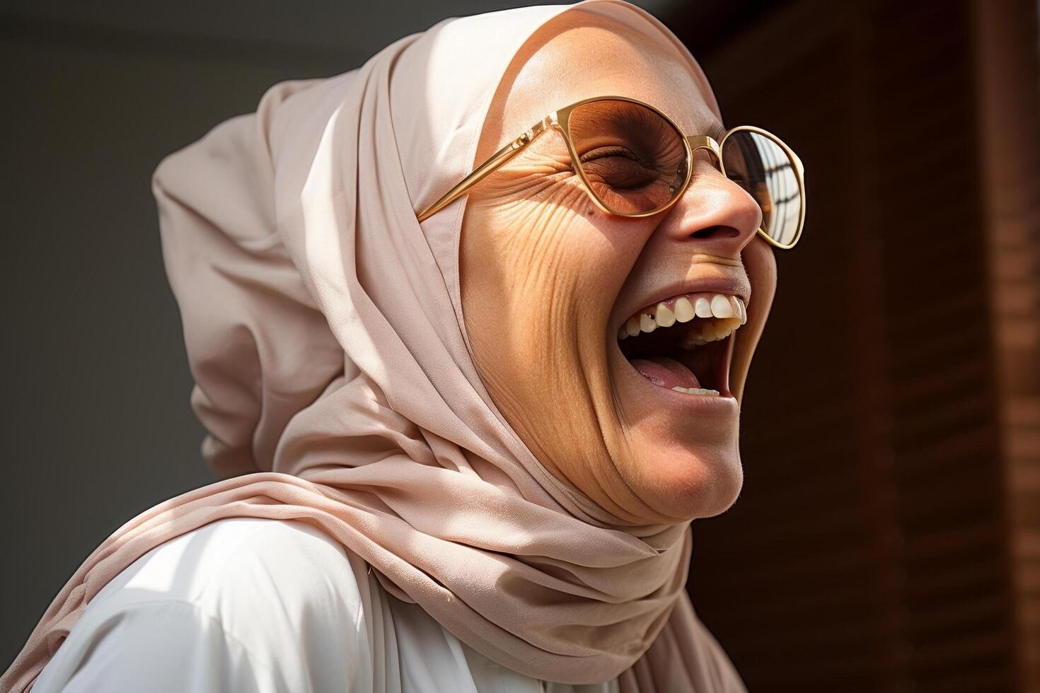 Joyful woman in hijab smiling happily photo