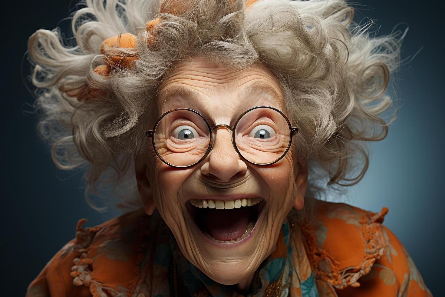 Excited elderly woman with curly gray hair and glasses photo