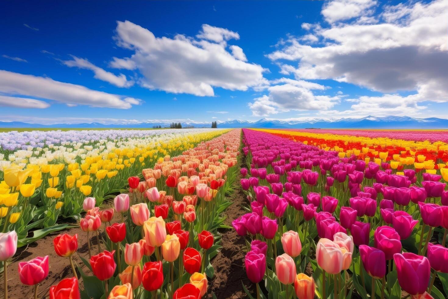 Colorful tulip fields under a blue sky photo