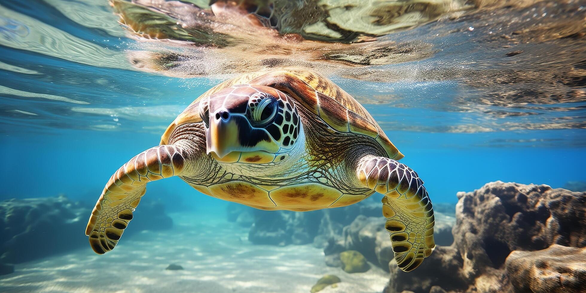 Underwater sea turtle swimming in tropical ocean photo