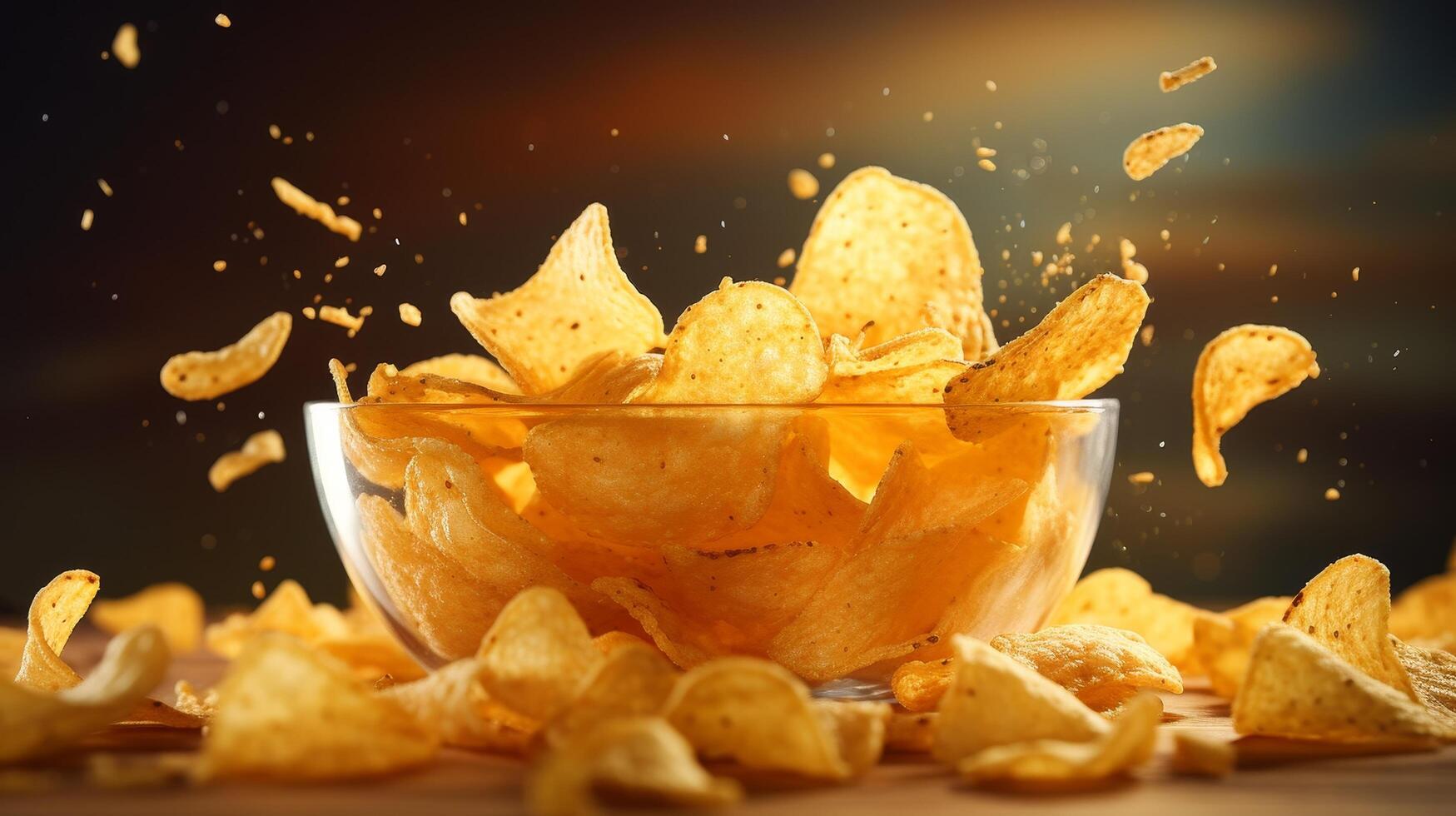 Delicious crunchy potato chips in a glass bowl photo