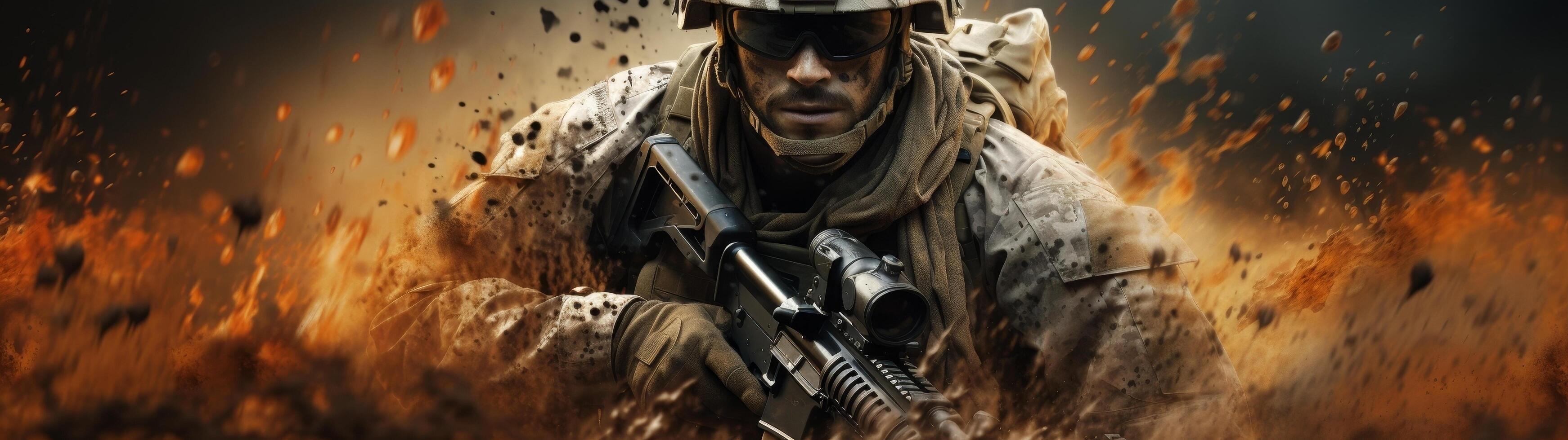 soldier in combat gear during explosion photo