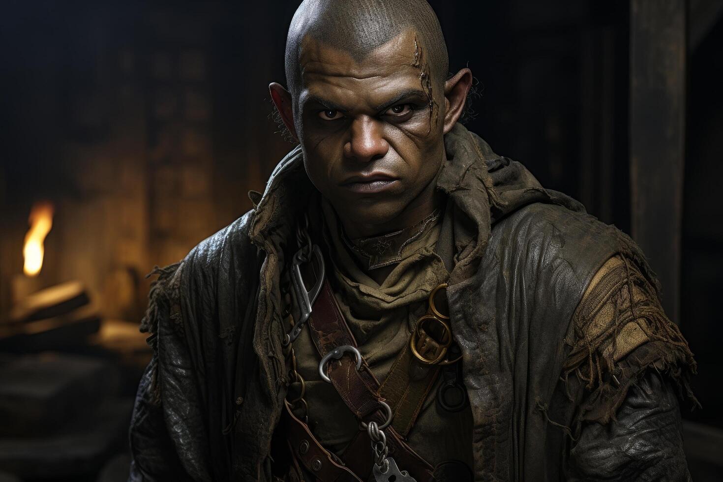Intense warrior with battle scars and tactical gear photo