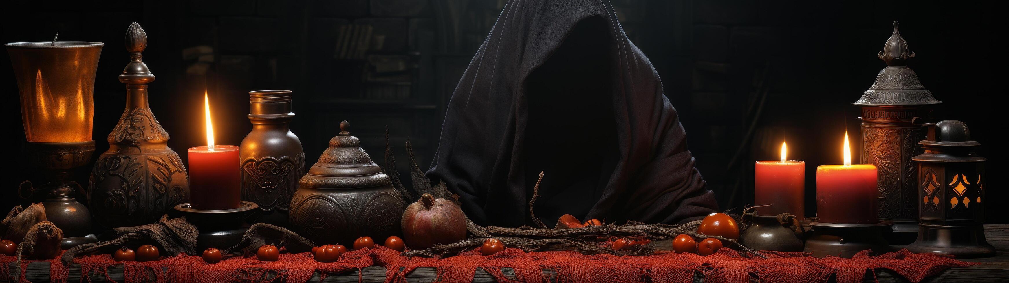 mysterious hooded figure in dark ritual setting photo