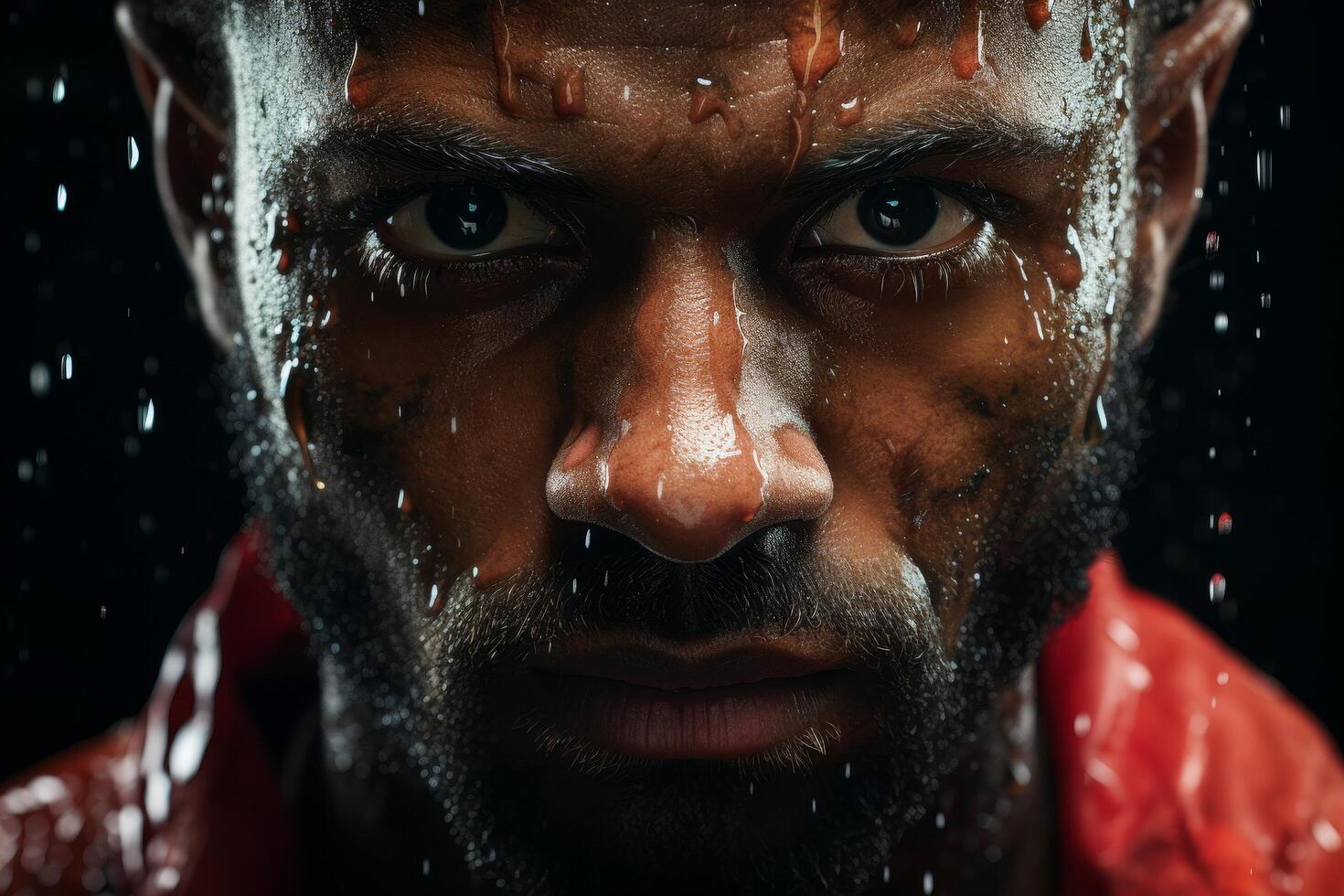 Intense close up of a rugged, bearded mans face with water droplets photo