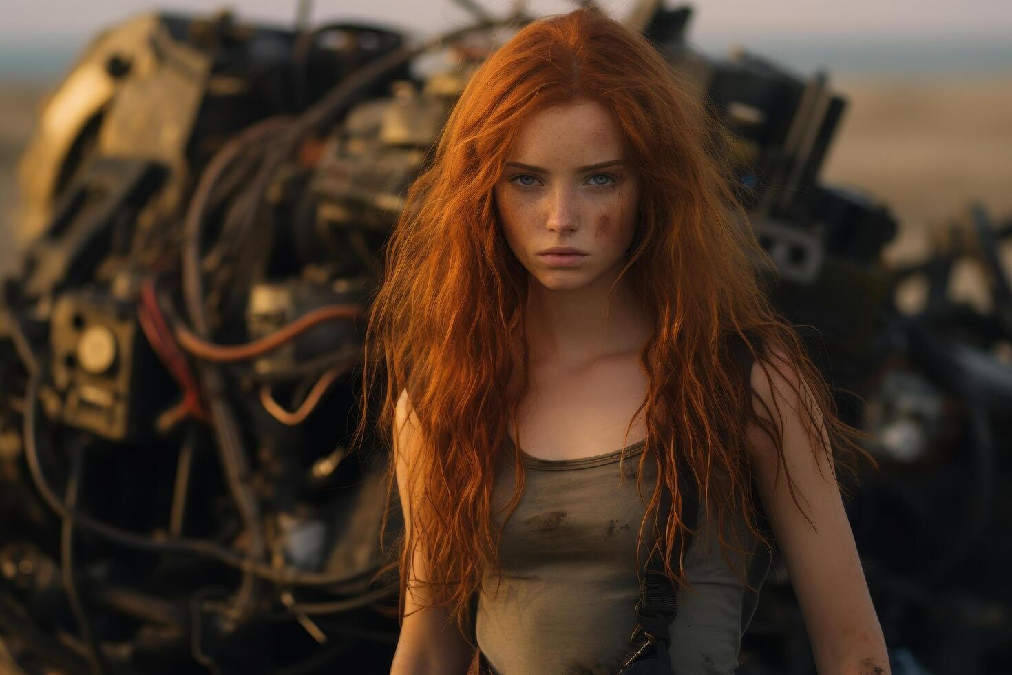 Fierce redheaded woman in post apocalyptic setting photo