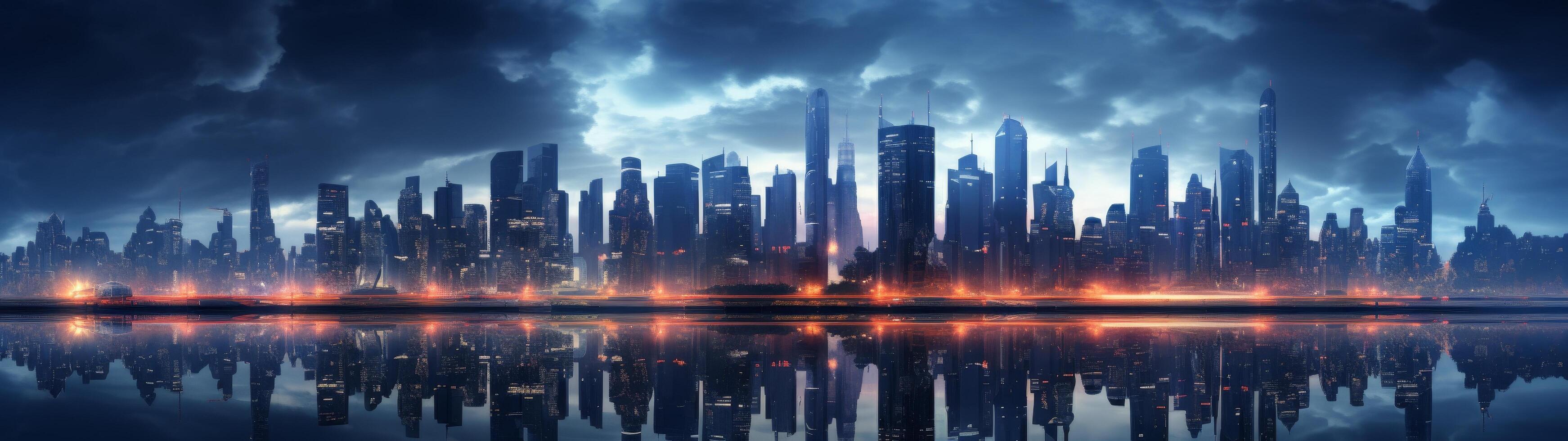 Dramatic city skyline reflected in water photo