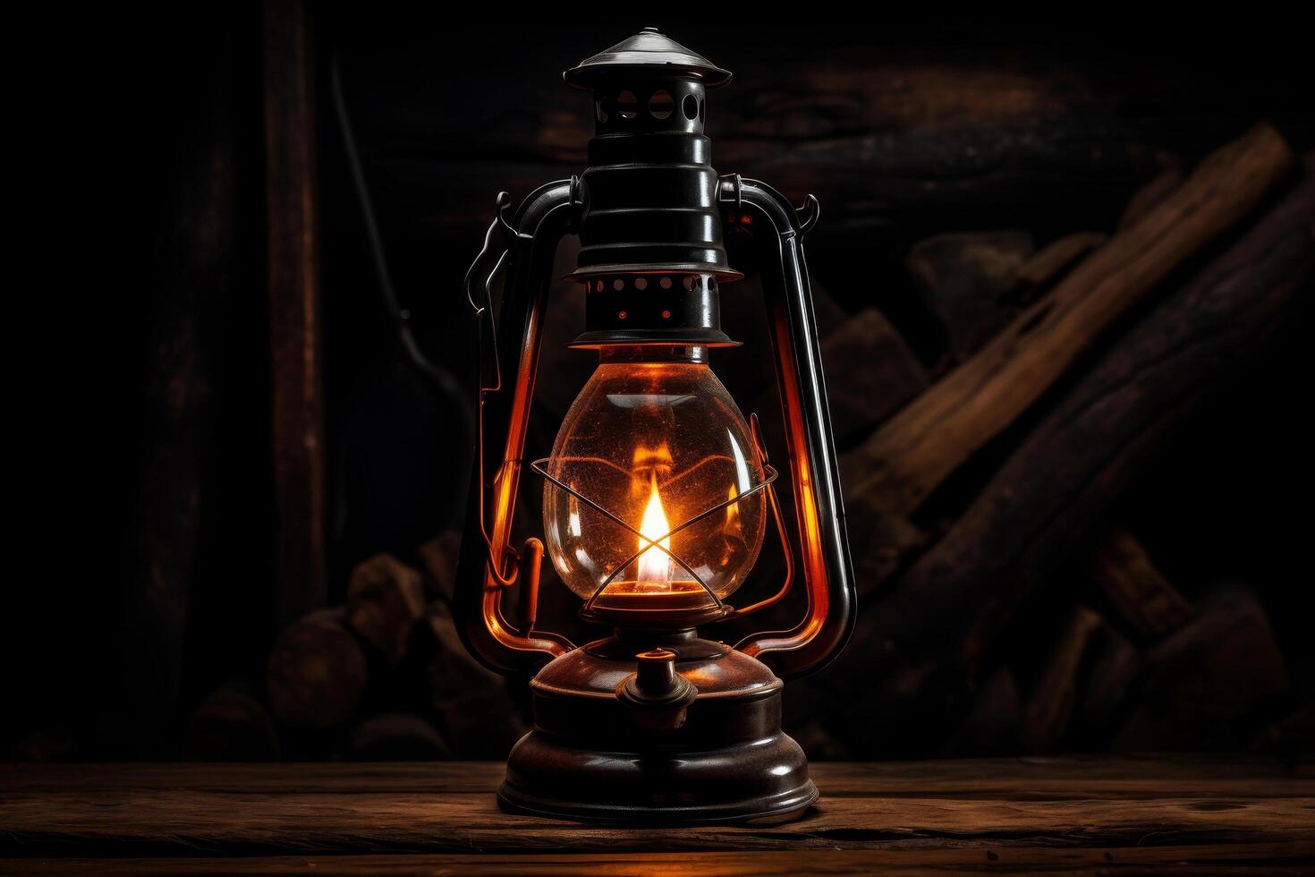 Vintage kerosene lamp glowing in the dark photo