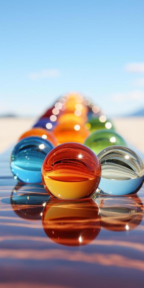 Colorful glass spheres reflecting on a wet surface photo
