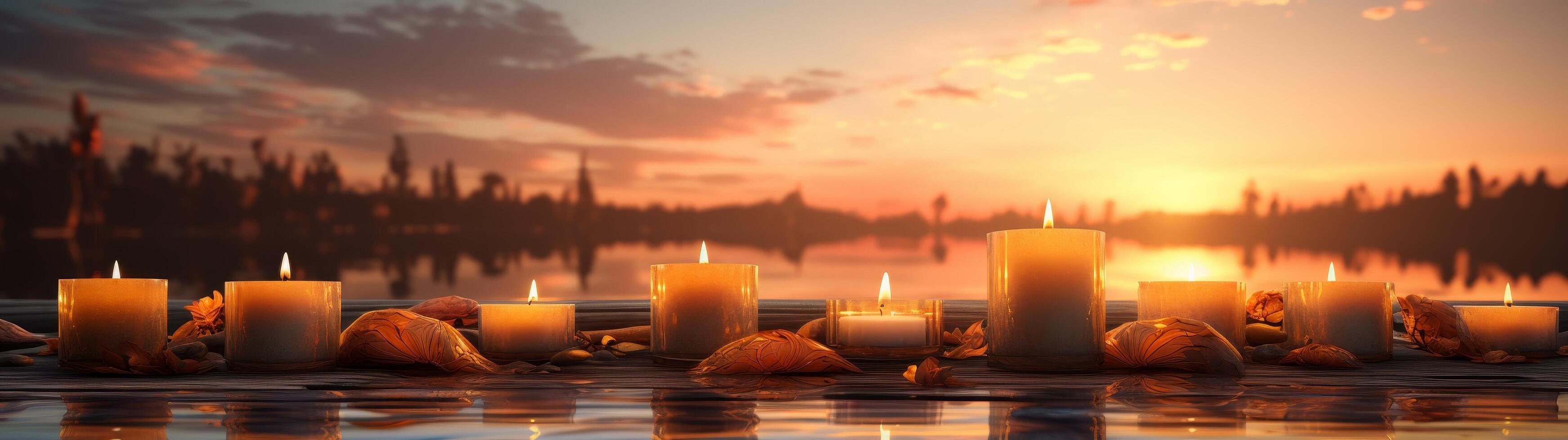 serene sunset lake scene with floating candles photo