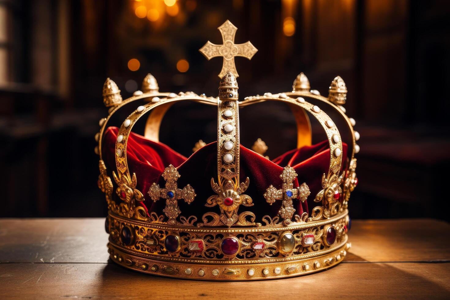 Ornate golden crown with jewels and cross photo