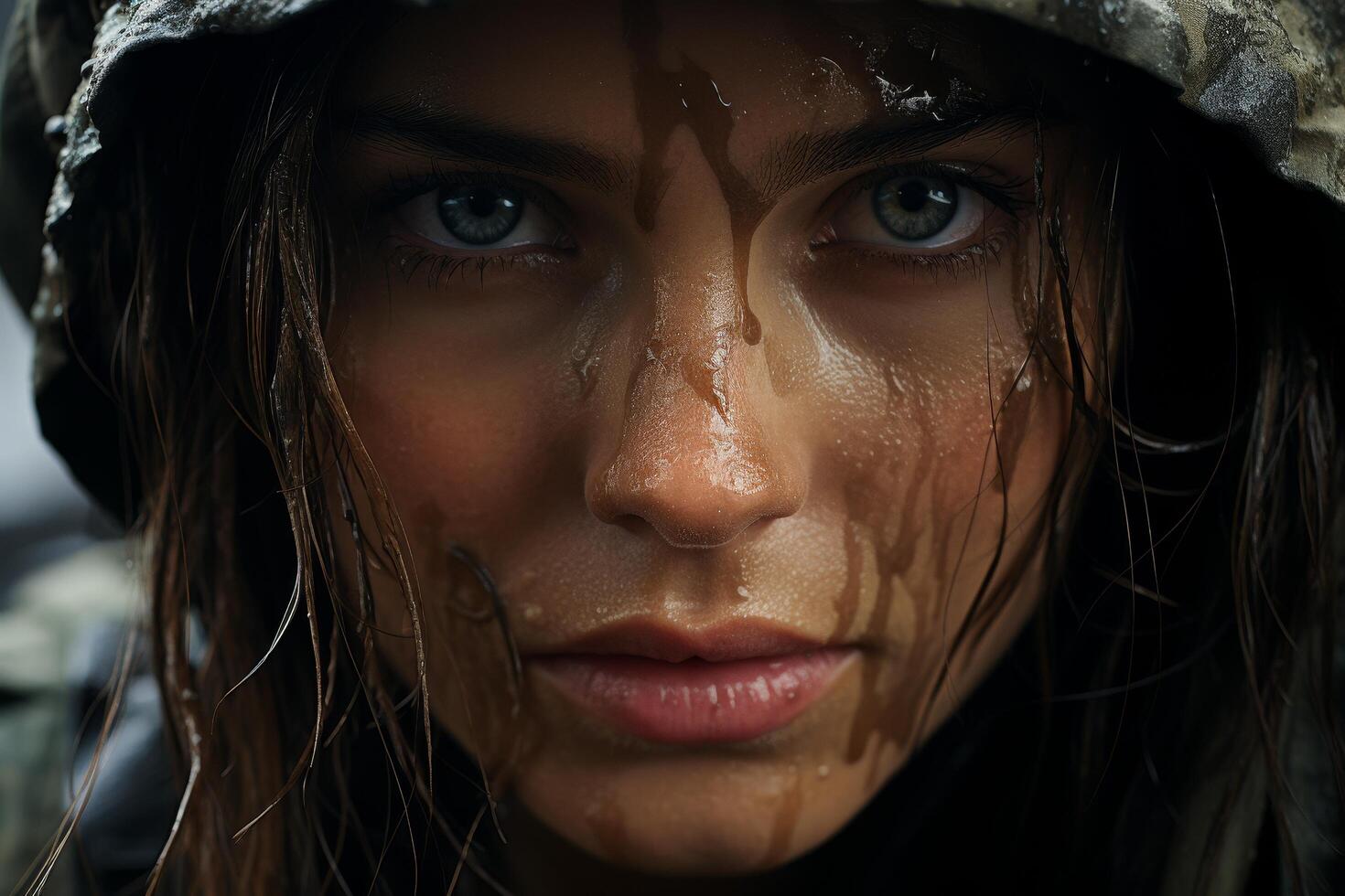 Intense gaze of a person in the rain photo